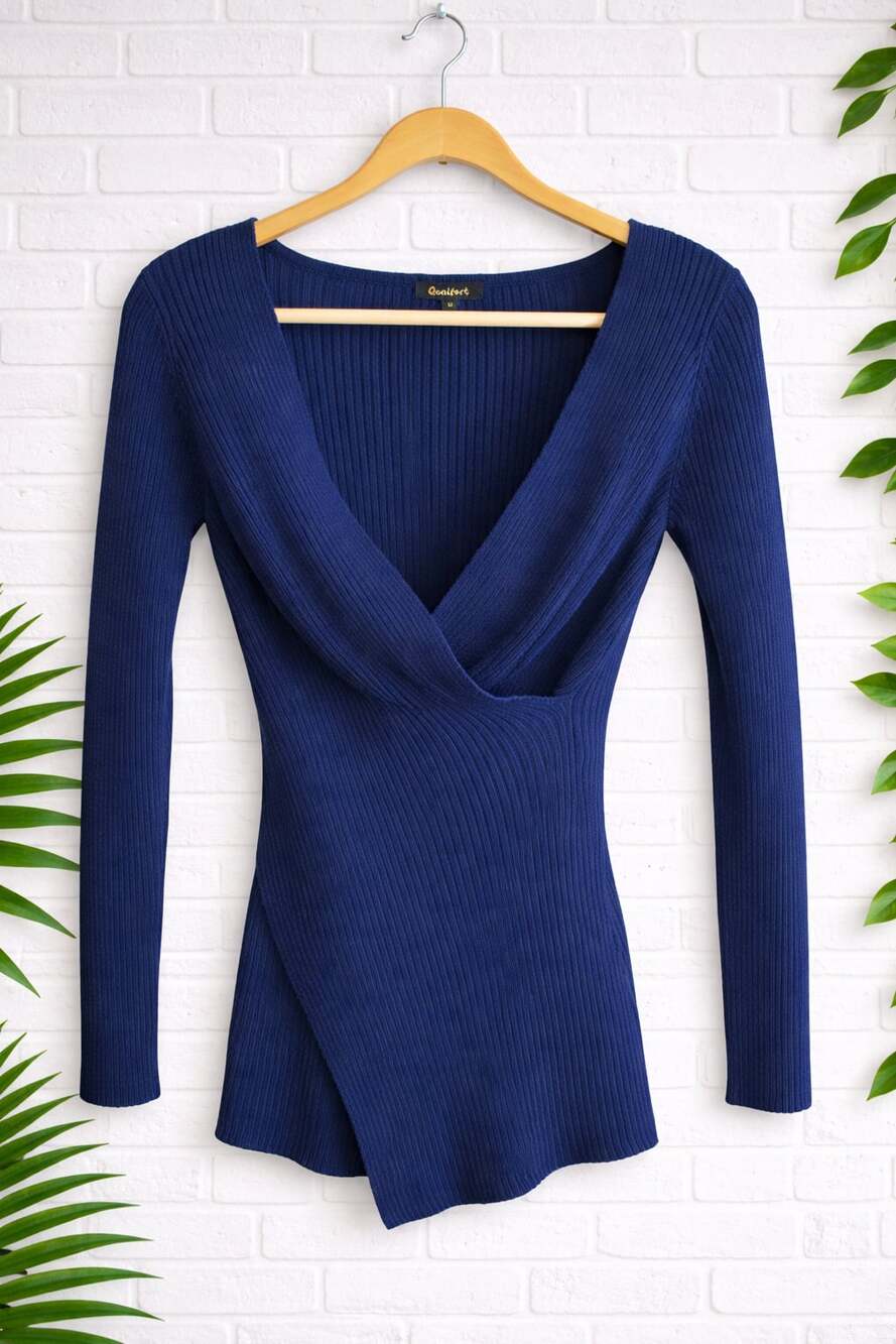 Qualfort Women's V-Neck Ribbed Knit Long Sleeve Wrap Sweater Top